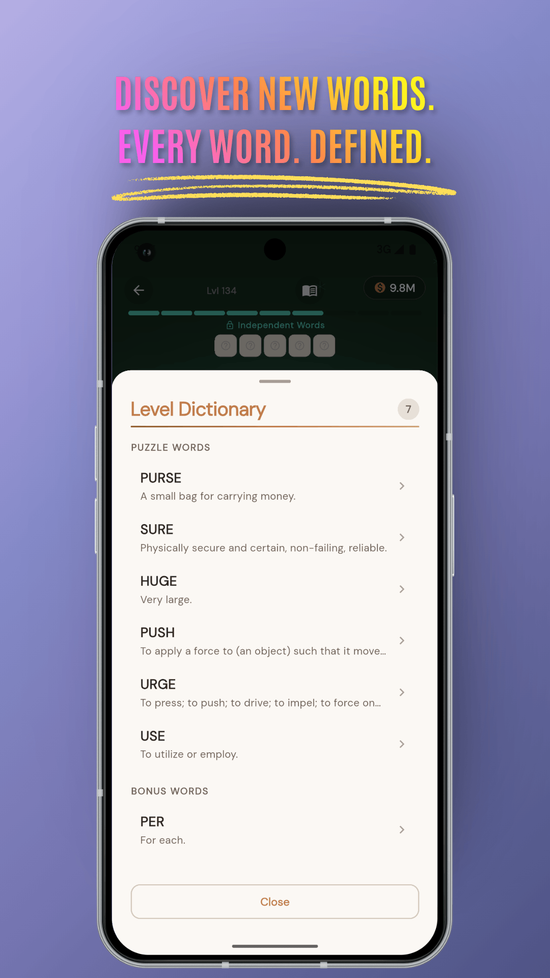 Level dictionary with word definitions