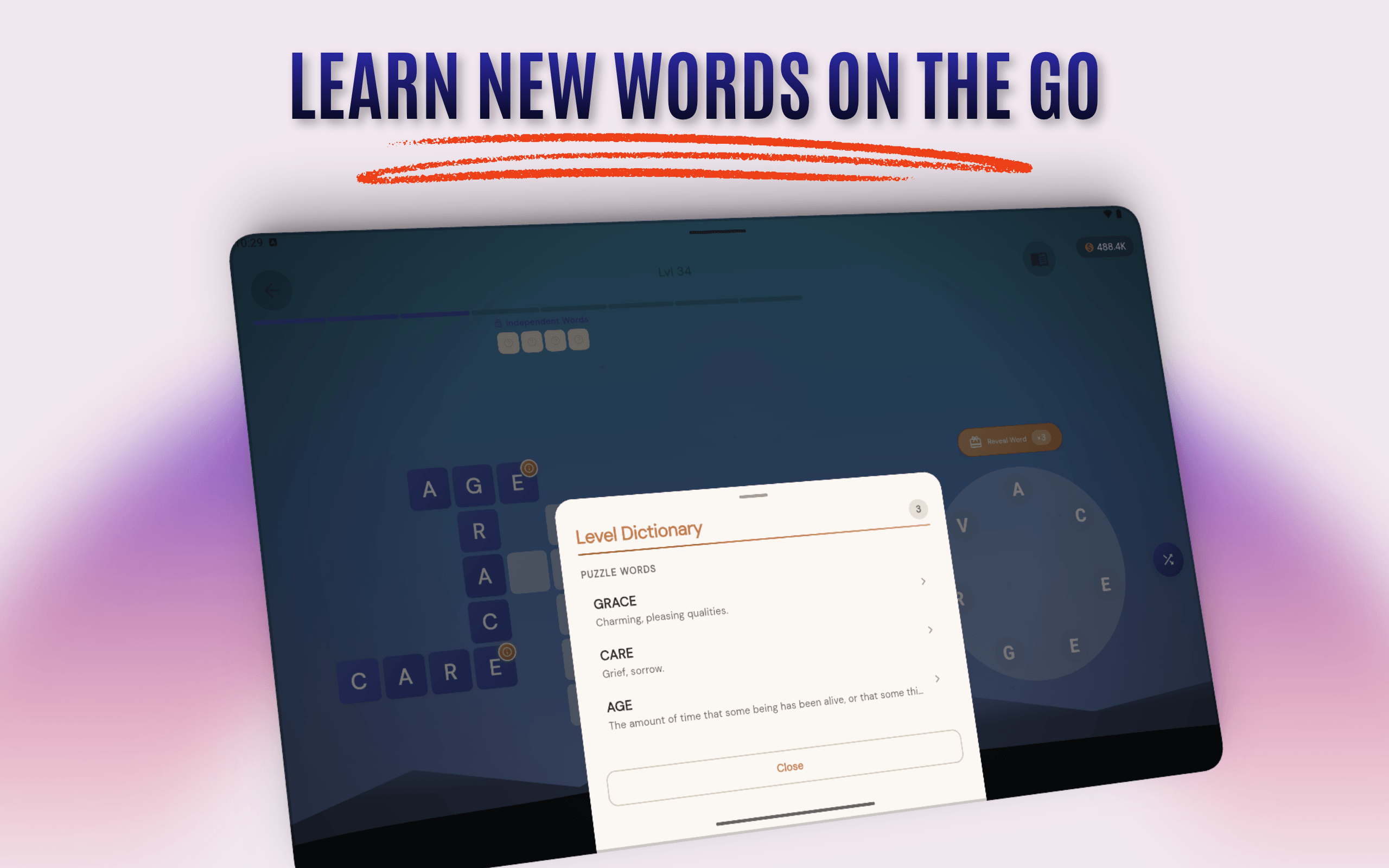 Level dictionary revealing a word definition inside the puzzle
